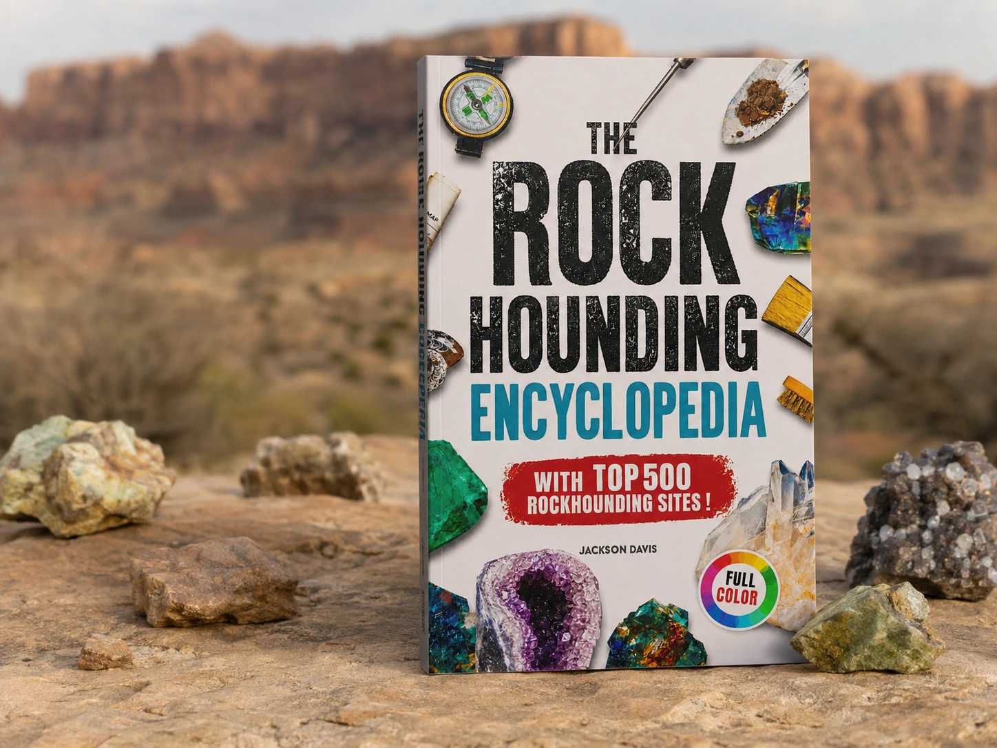 A realistic photograph of The Rockhounding Encyclopedia 6 by 9 inch, 144-page paperback