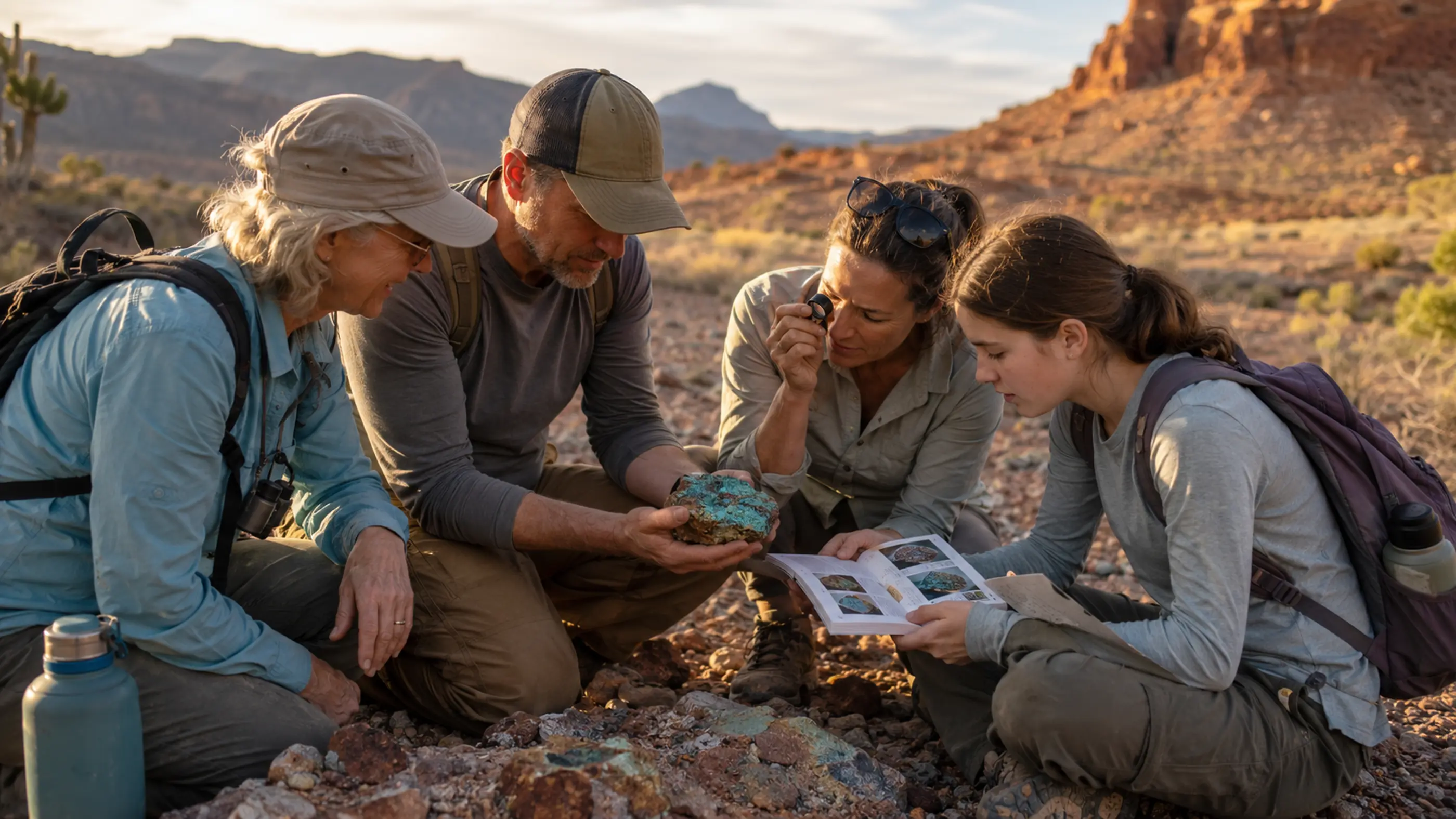 A family examining a blue-green mineral discovery in an Arizona desert wash