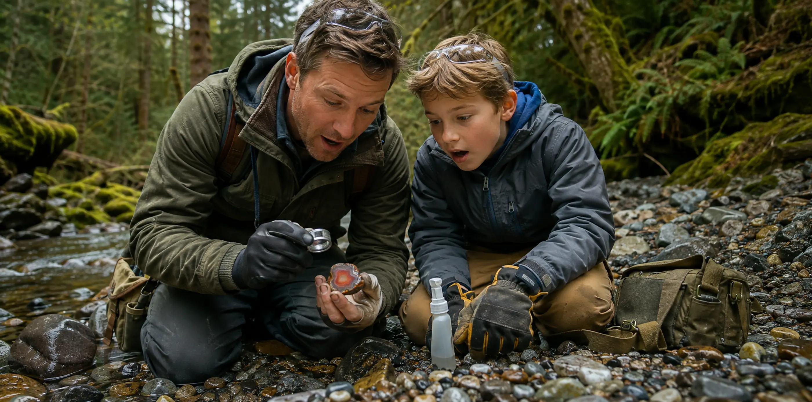 A father and son discovering an agate beside a forest creek