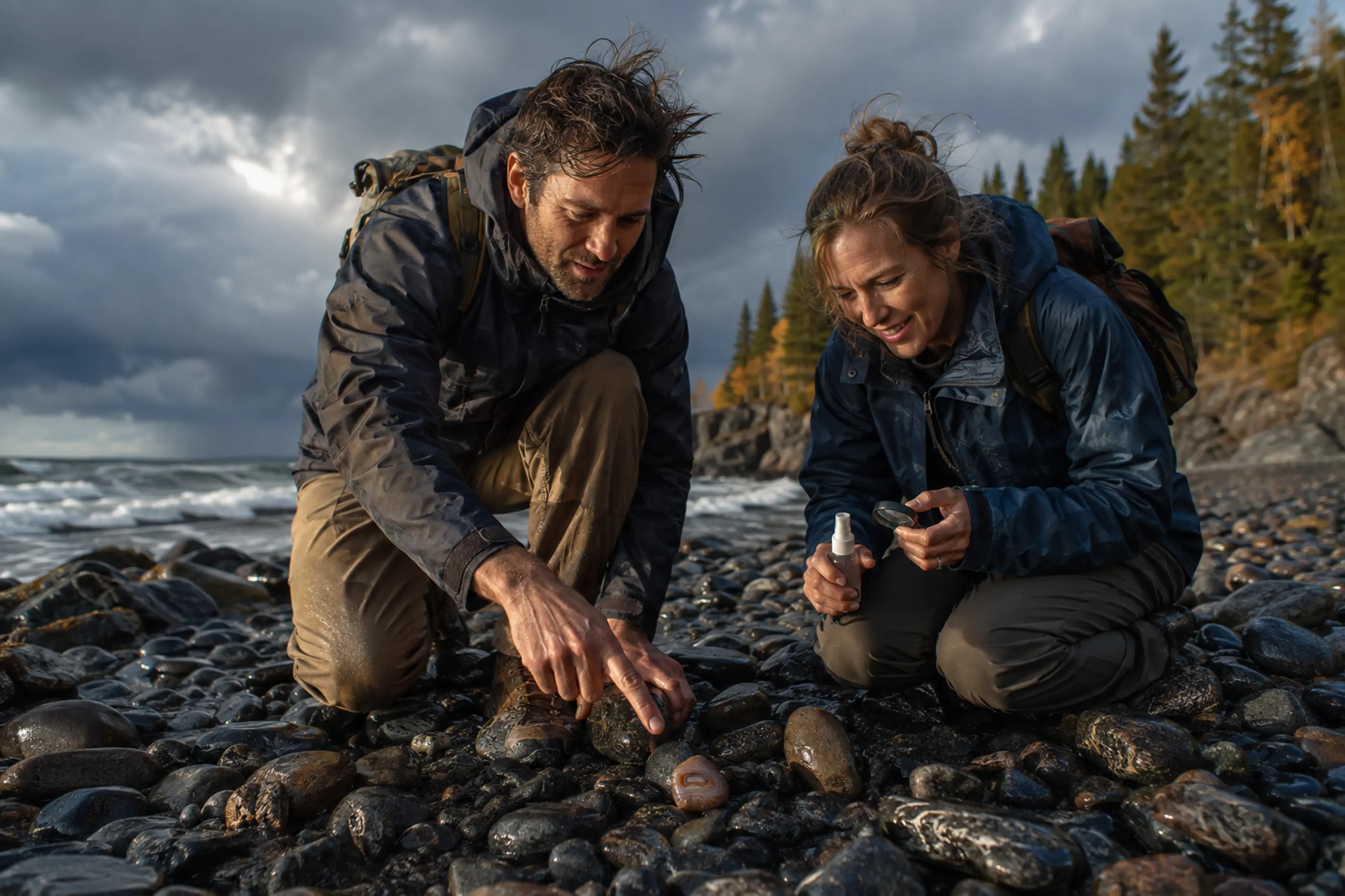 Two friends discovering a banded agate on a rocky shoreline