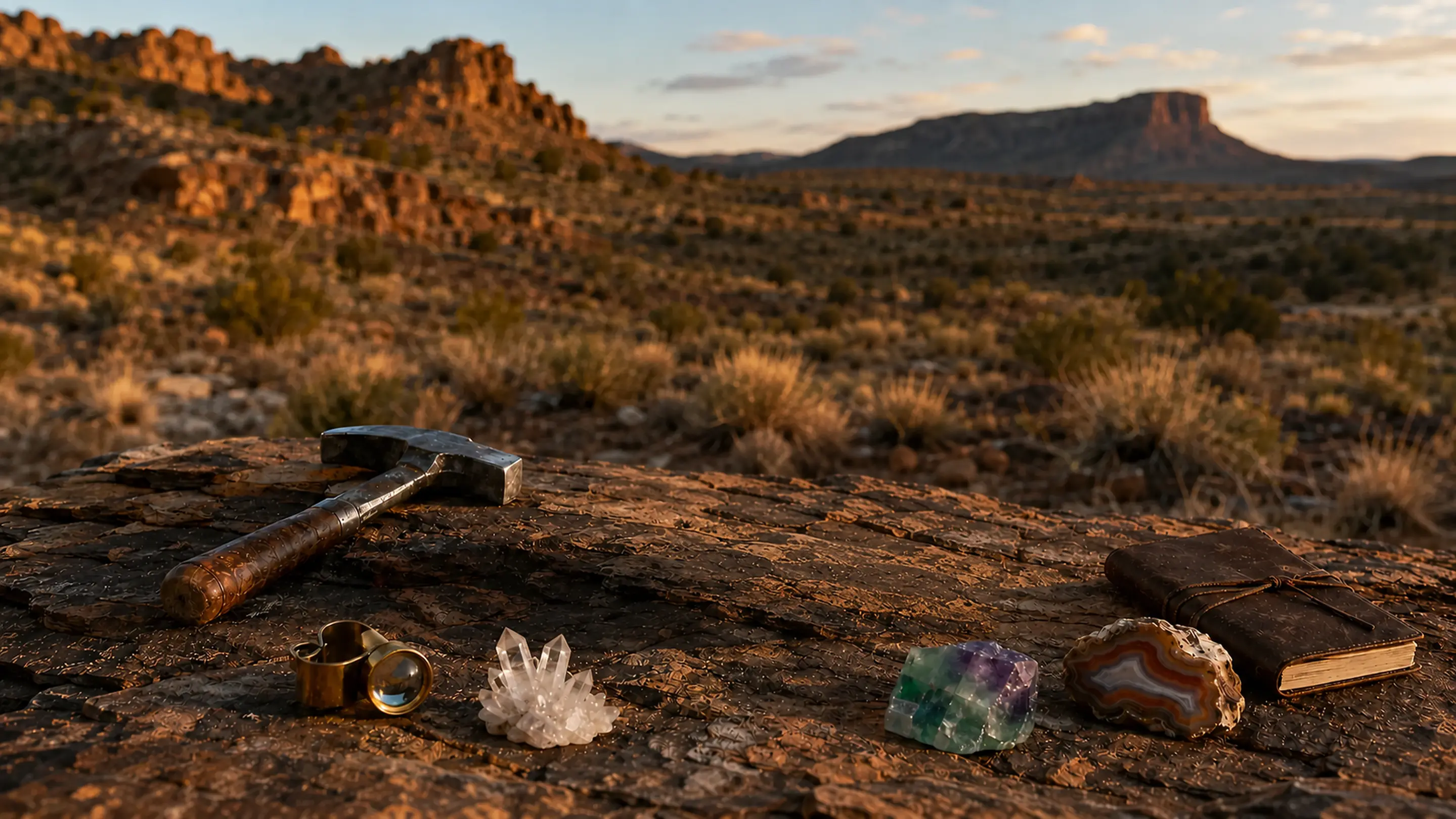 High-desert American rockhounding field setting at golden hour