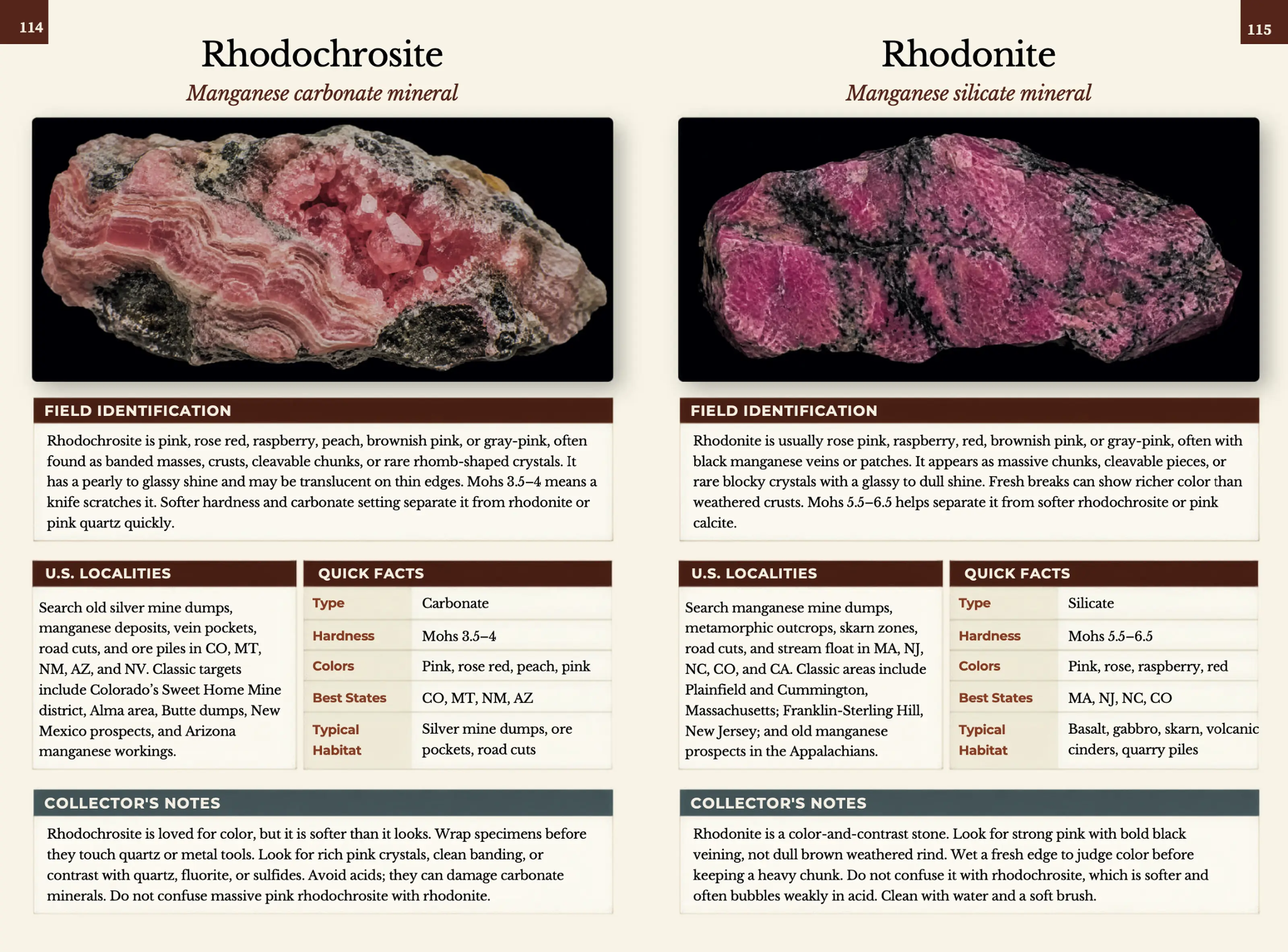 Rhodochrosite & Rhodonite interior page from The Rockhounding Encyclopedia
