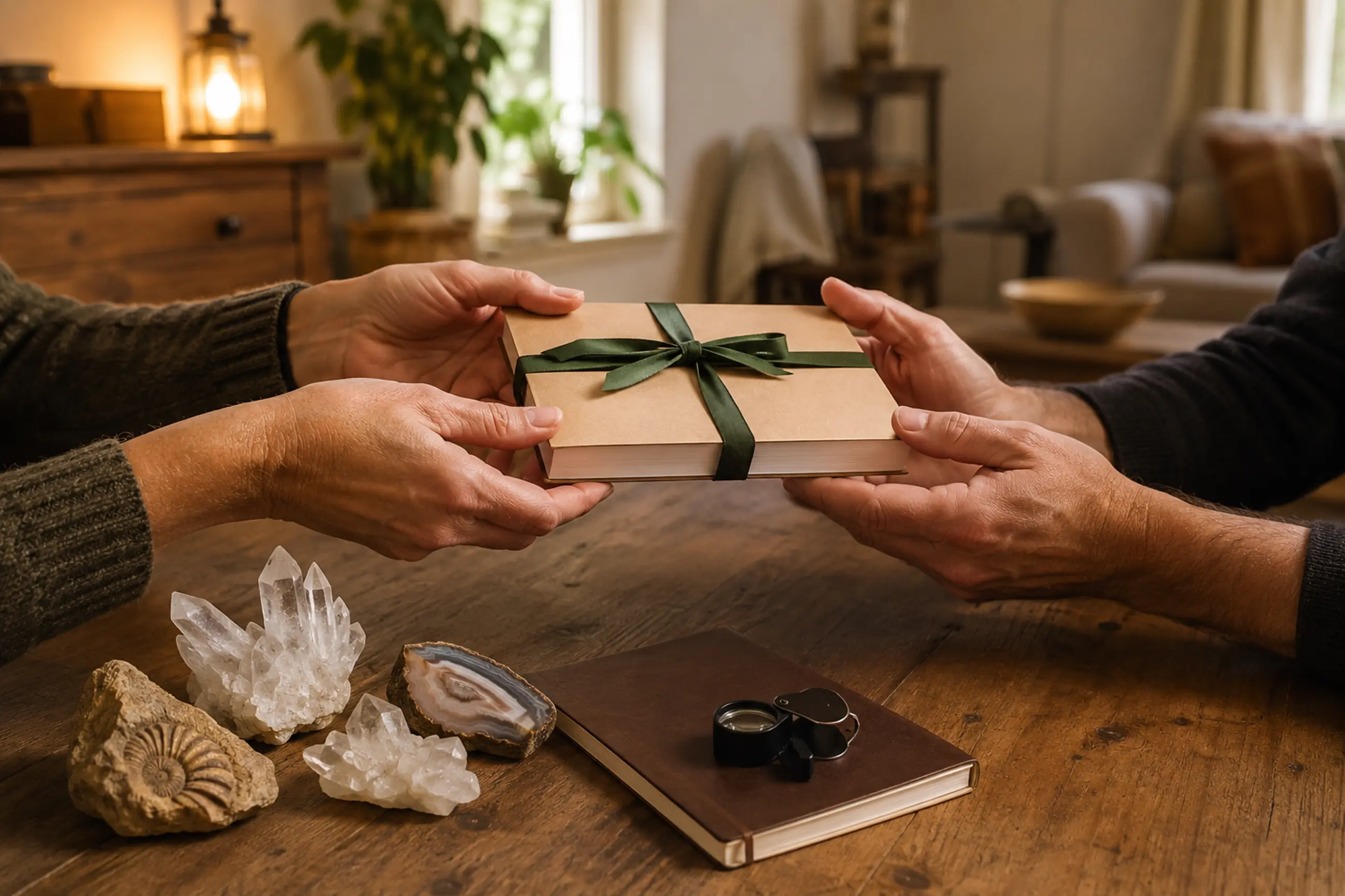 A wrapped book gift beside mineral specimens